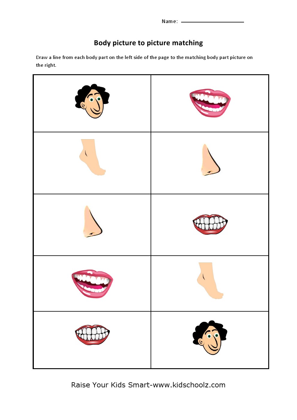 Human Body Parts Matching Worksheets