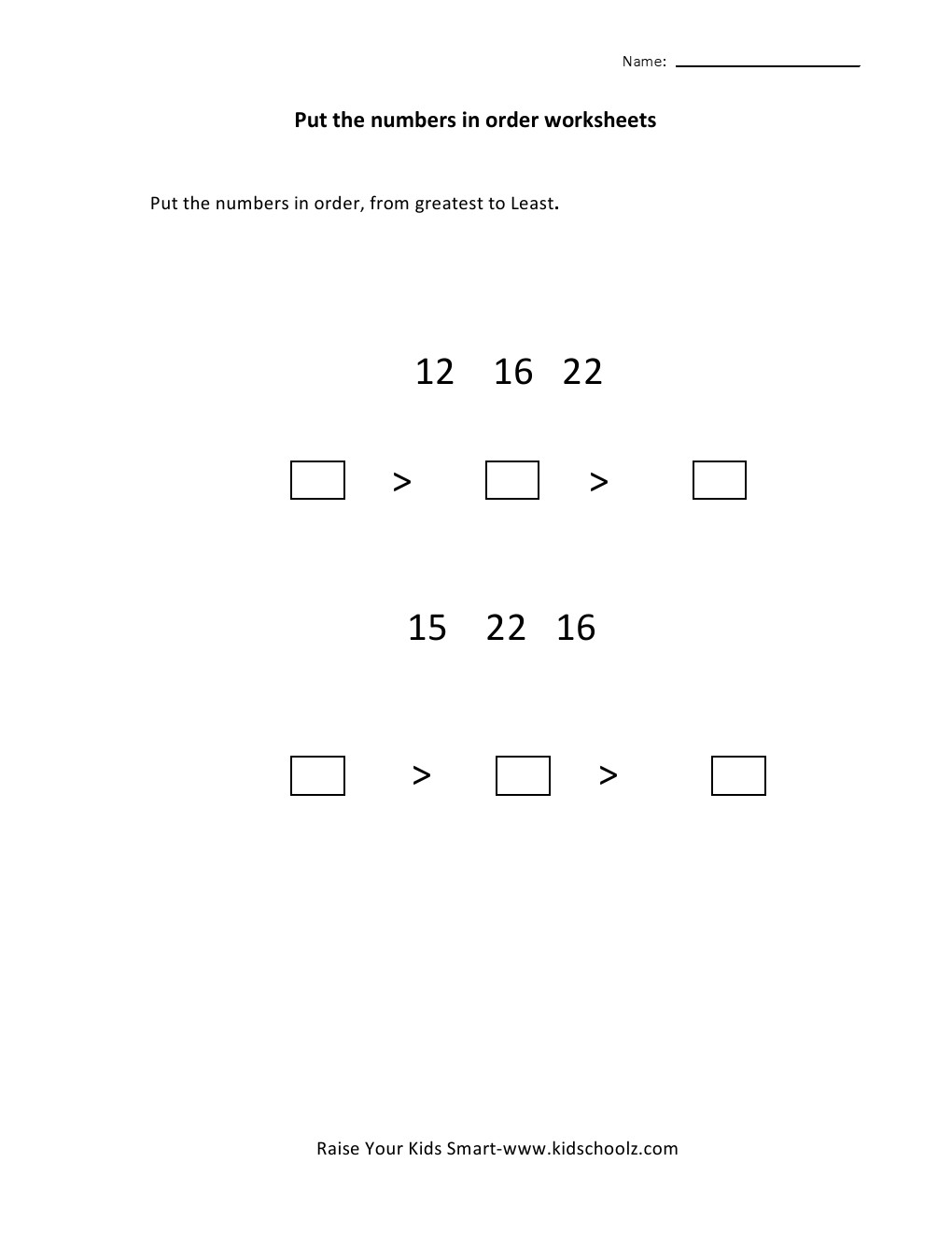 Numbers Ordering Worksheets
