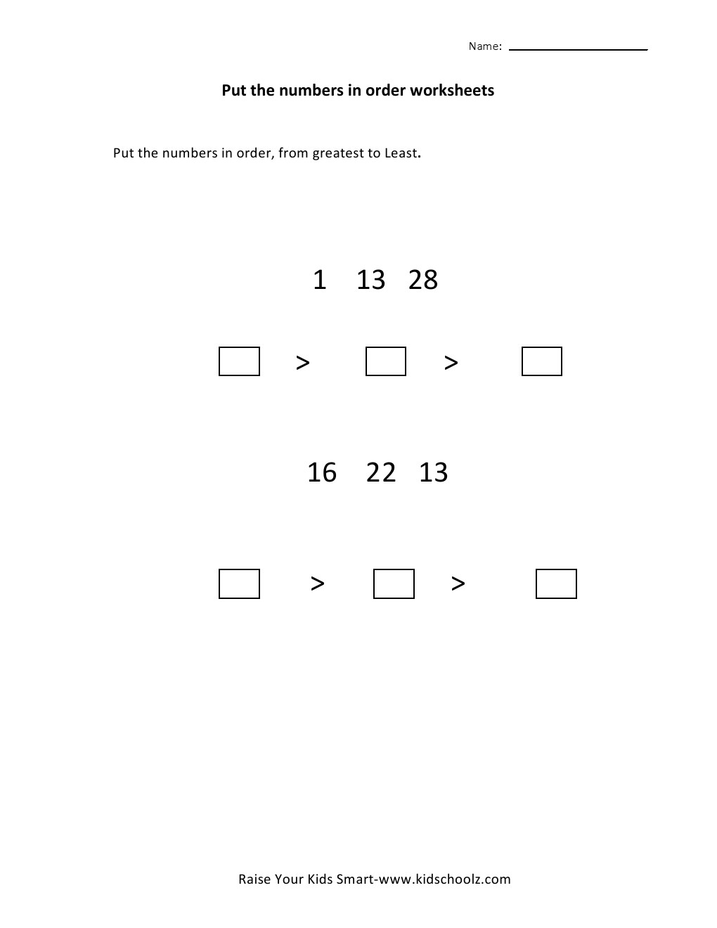Numbers Ordering Worksheets