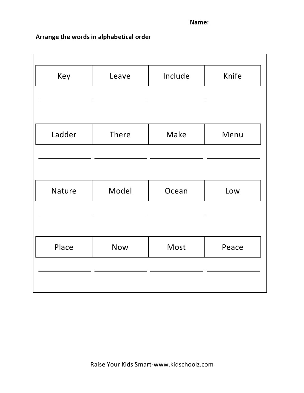 Grade 1 - Alphabetical Order Arrangement Worksheet