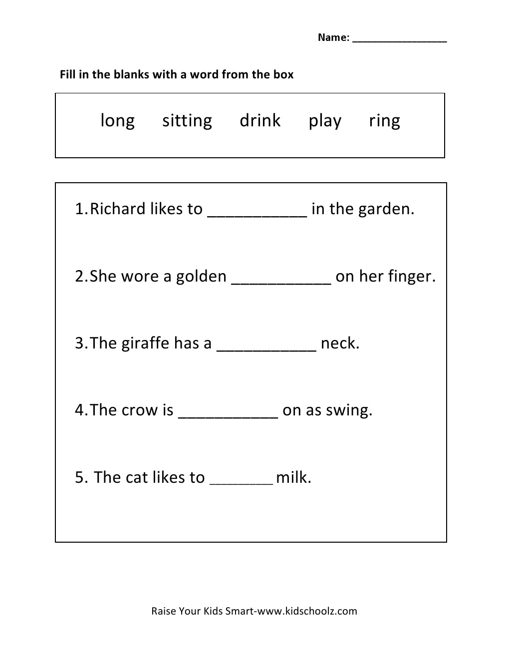 Grade 1 - Sentence Completion Worksheet