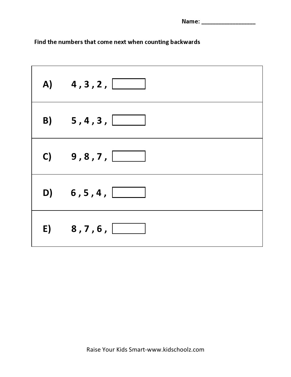 Counting Backwards Worksheet