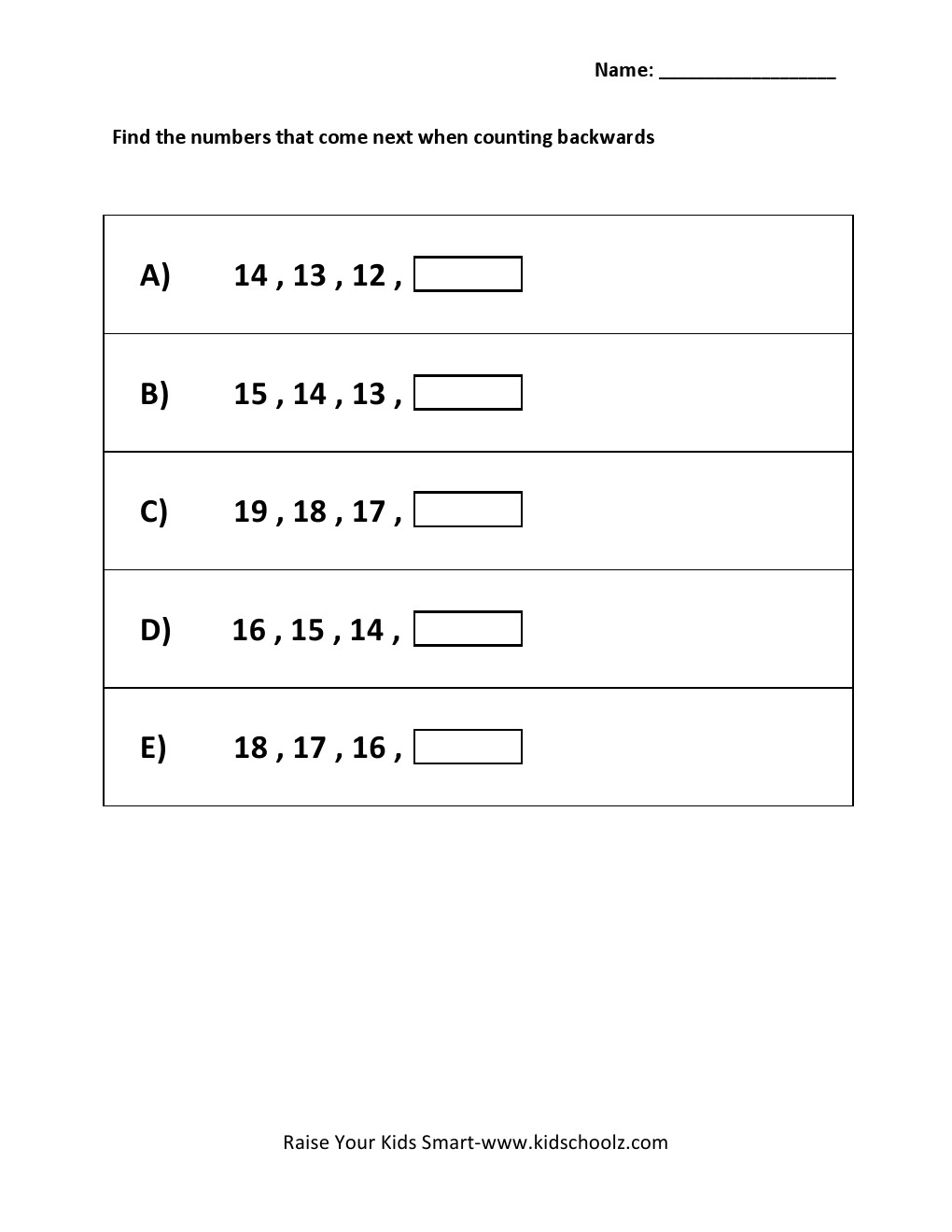 Counting Backwards Worksheet