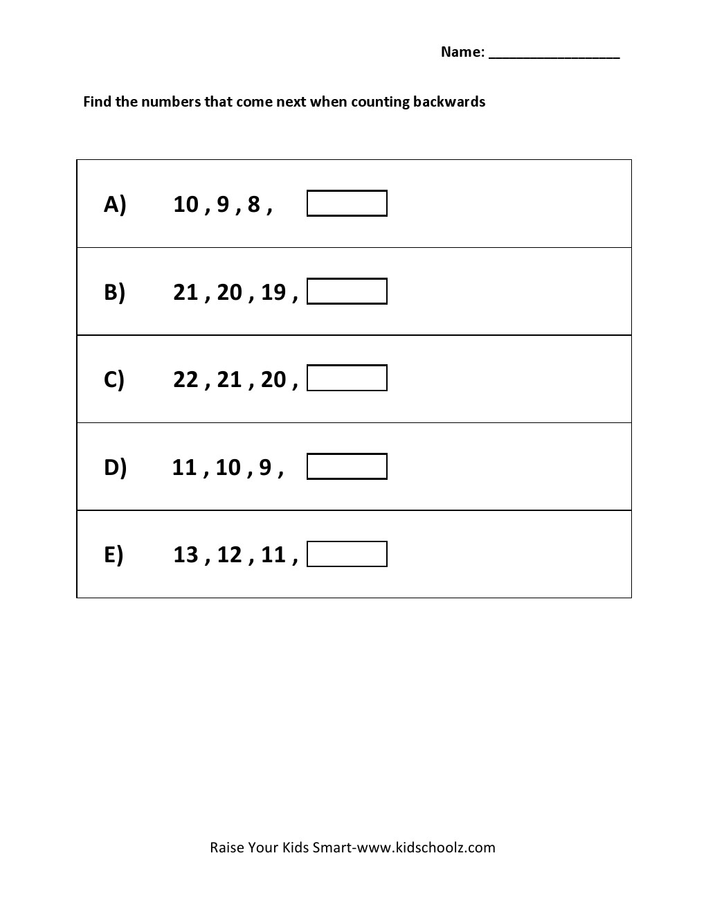 Counting Backwards Worksheet