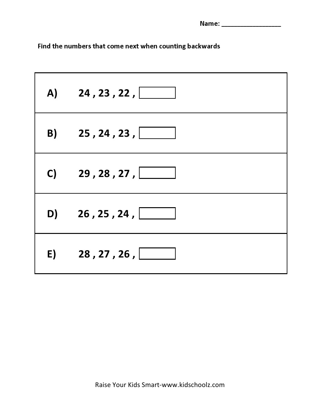 Counting Backwards Worksheet