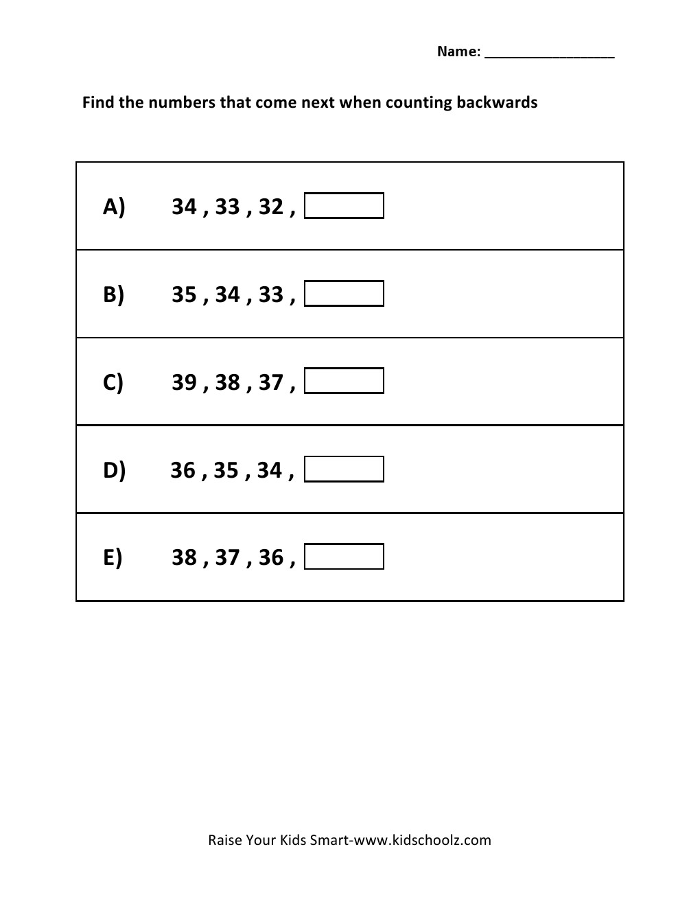 Counting Backwards Worksheet