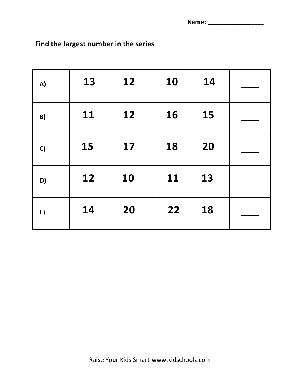 Finding Largest Number Worksheet