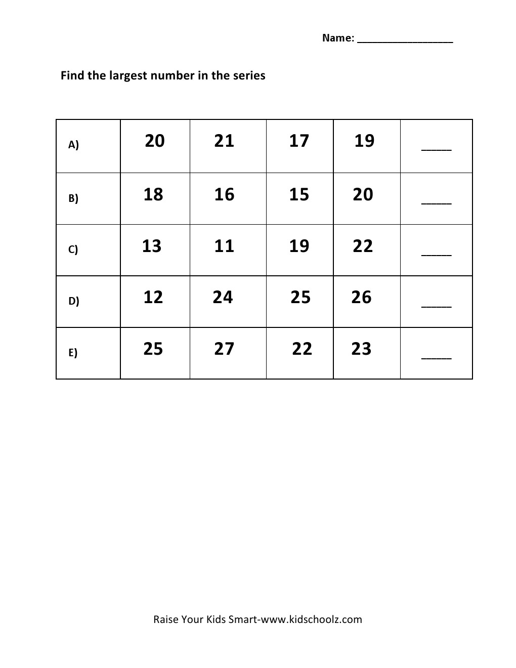 Finding Largest Number Worksheet