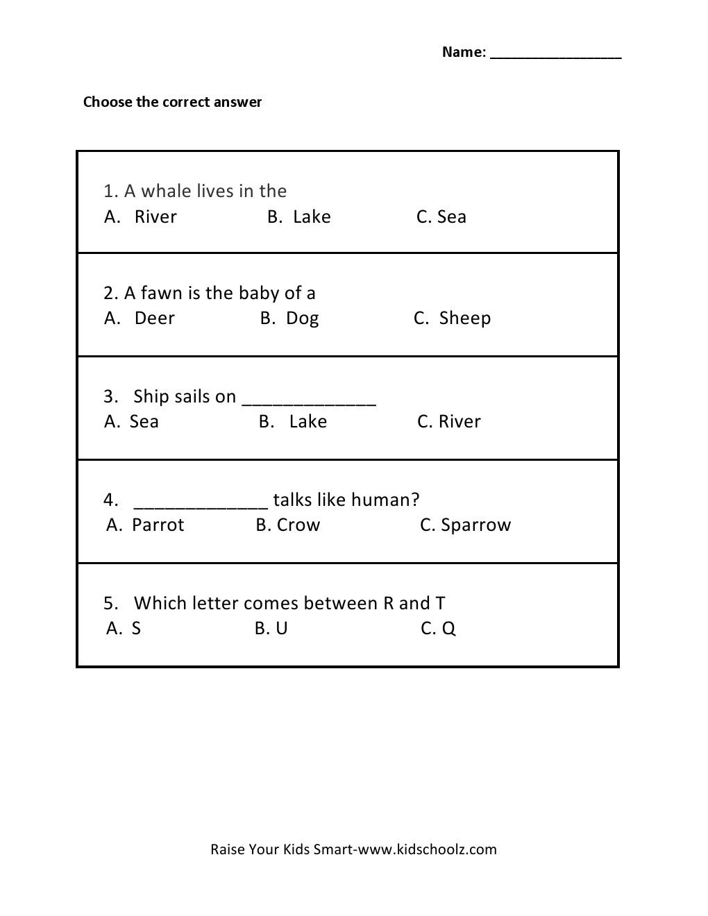 Grade 1 - General Knowledge Worksheet