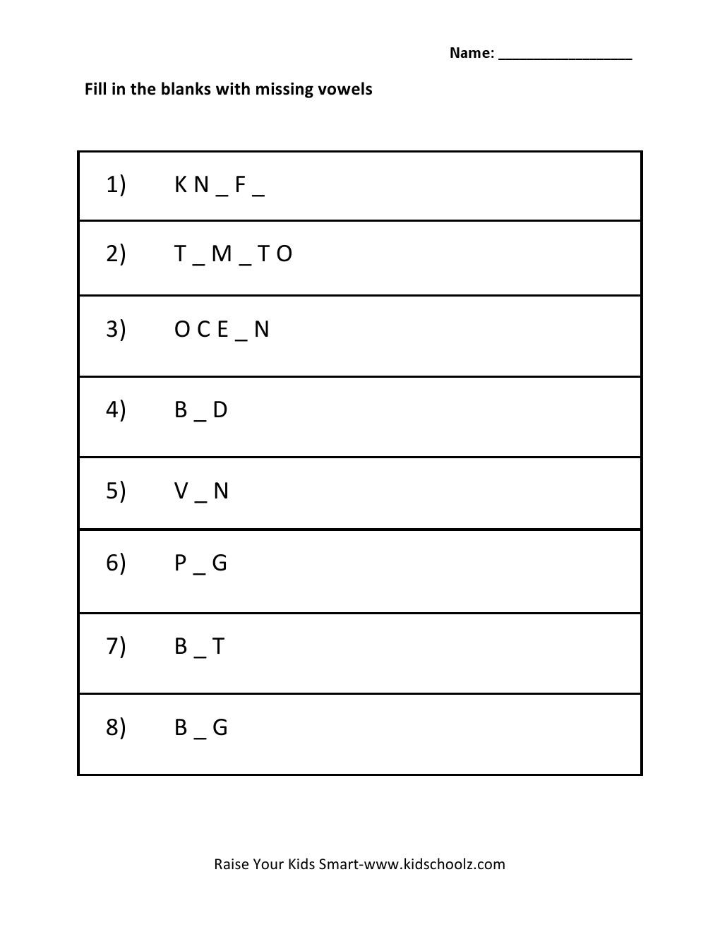 Grade 1 - Missing Vowels Worksheet