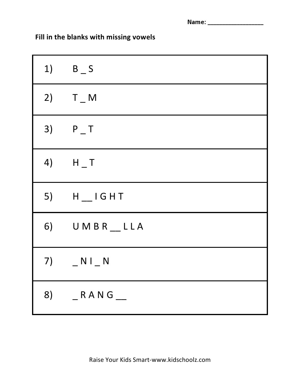 Grade 1 - Missing Vowels Worksheet