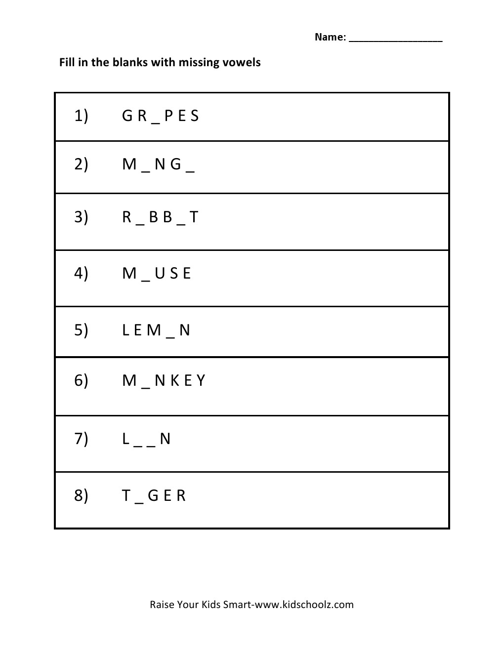 Grade 1 - Missing Vowels Worksheet