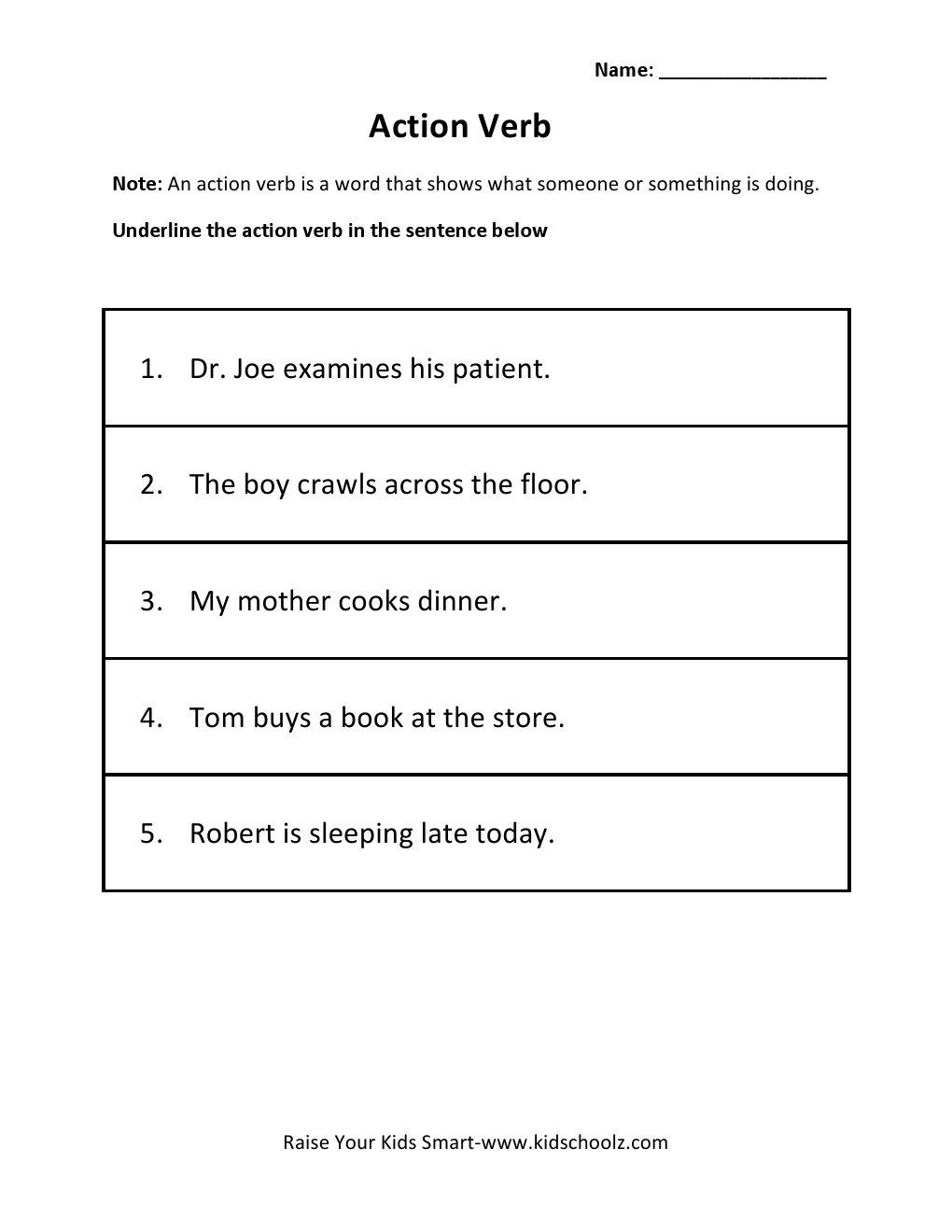 Grade 2 - Action Verb Worksheet