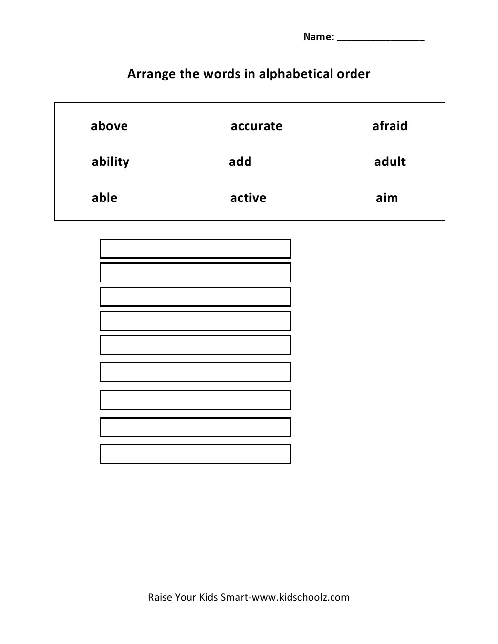 Grade 4 - Alphabetical Order Worksheet
