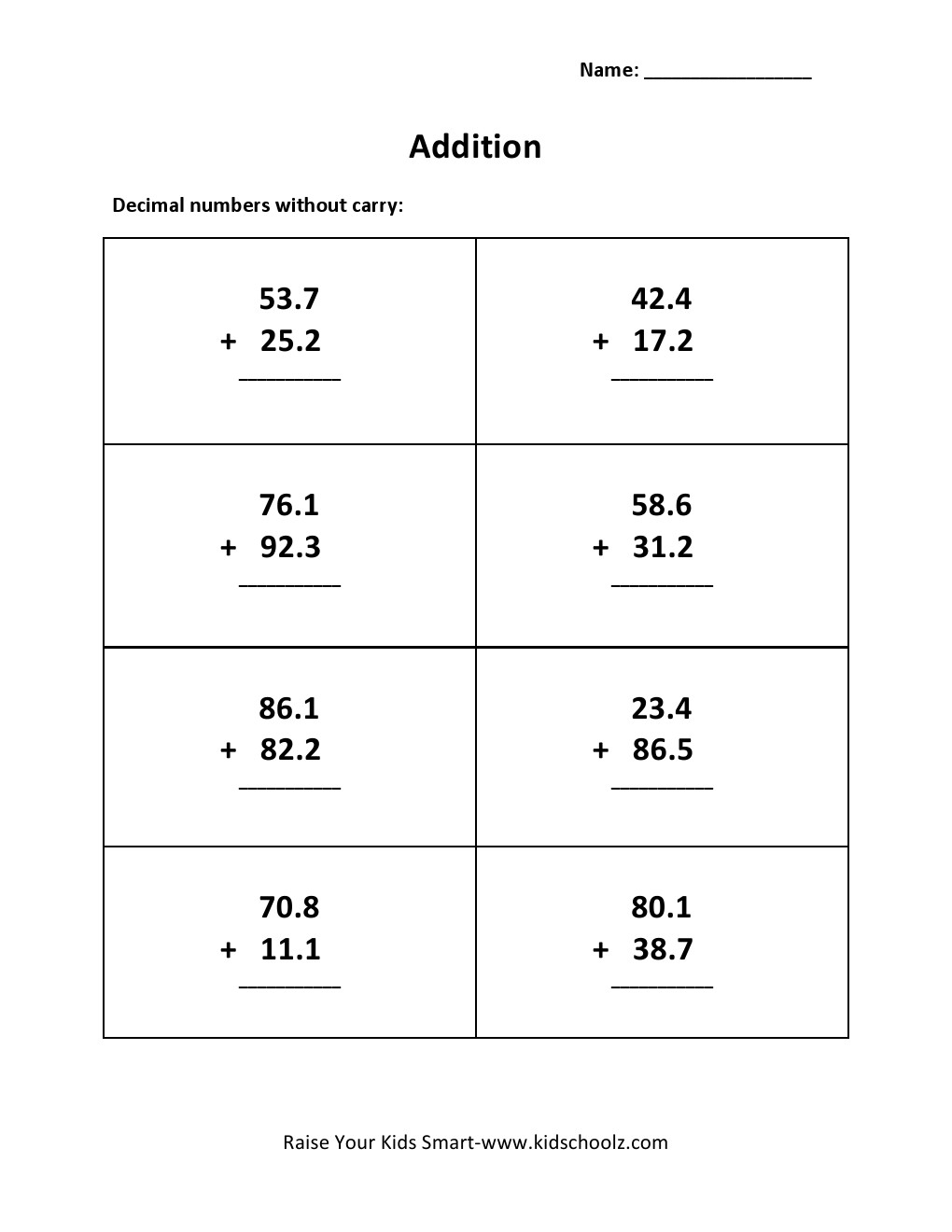 Grade 3 - Decimal Addition Worksheet