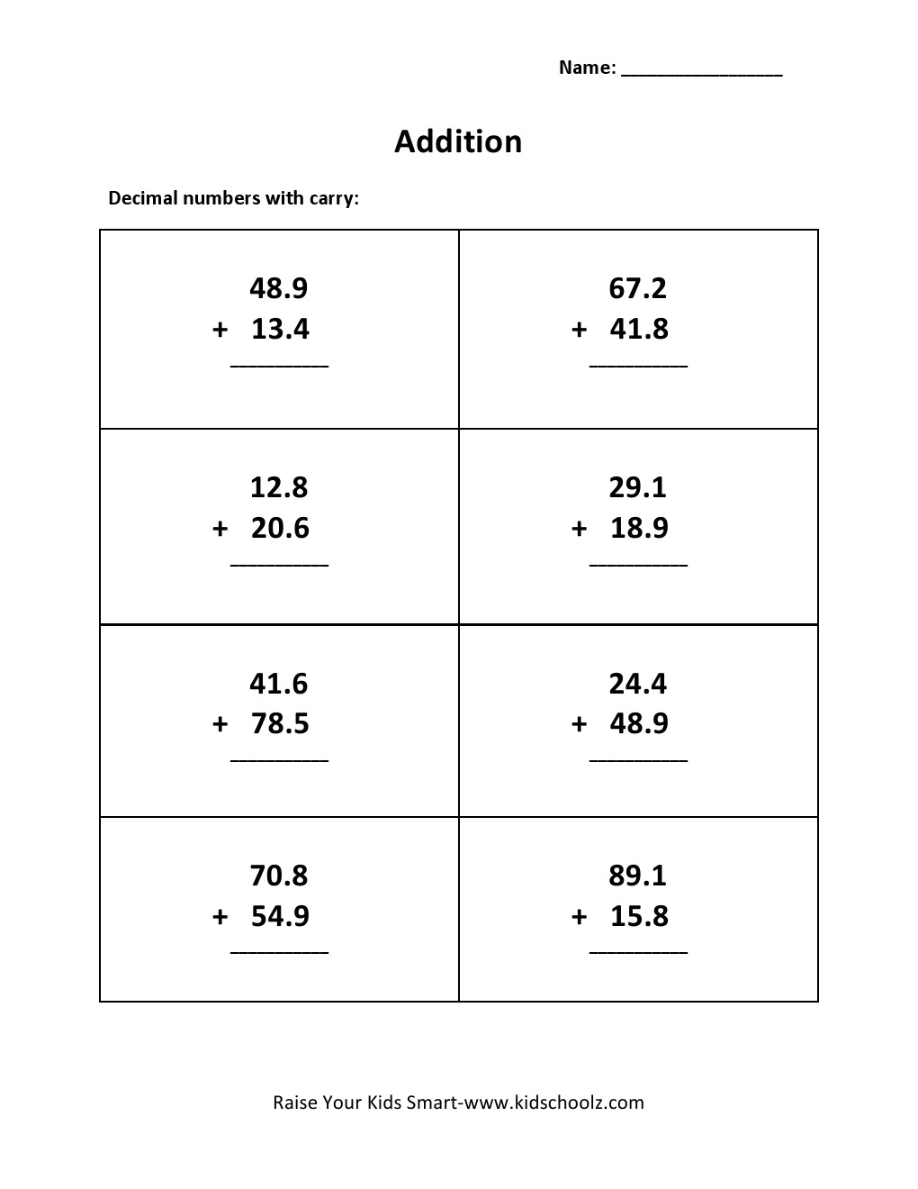 Grade 3 - Decimal Addition Worksheet