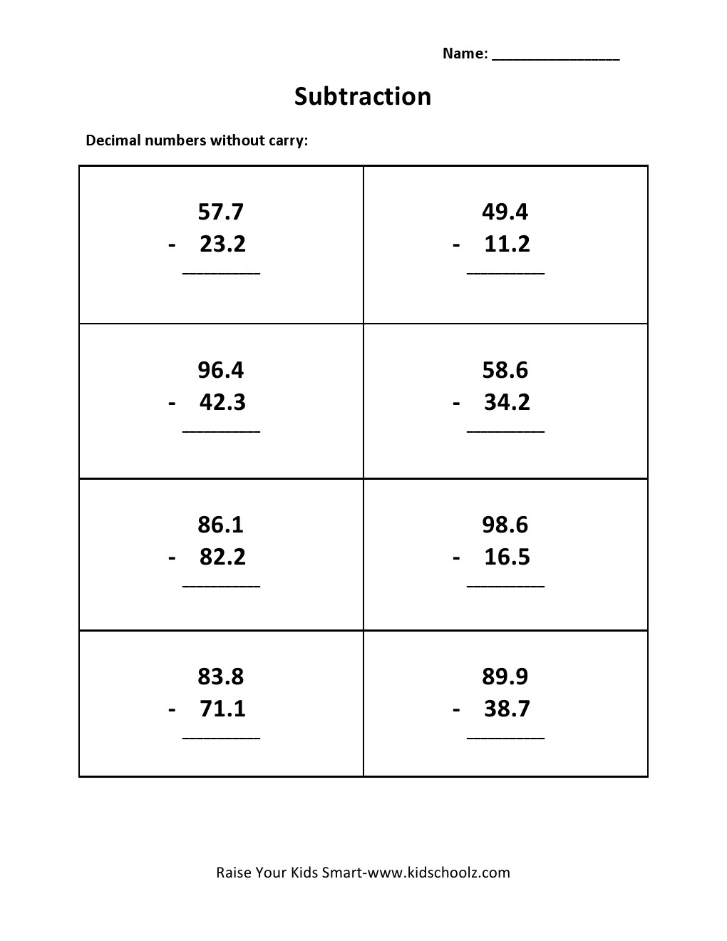 Grade 3 - Decimal Subtraction Worksheet