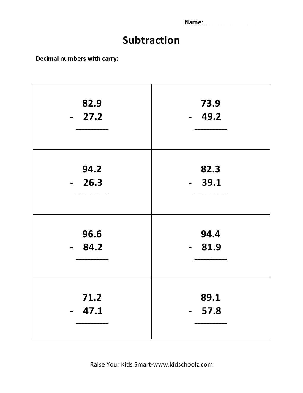 Grade 3 - Decimal Subtraction Worksheet