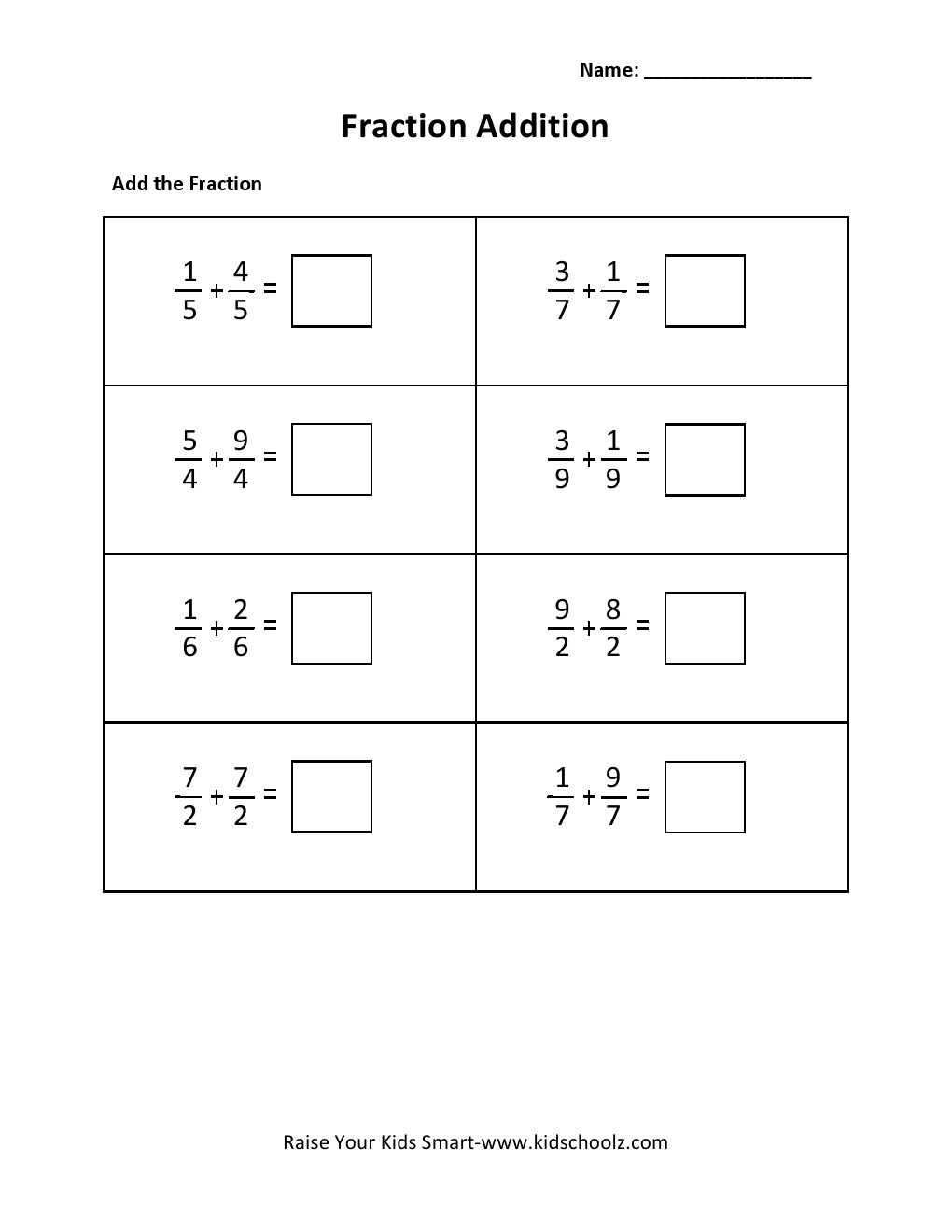 Grade 3 - Fraction Addition Worksheet