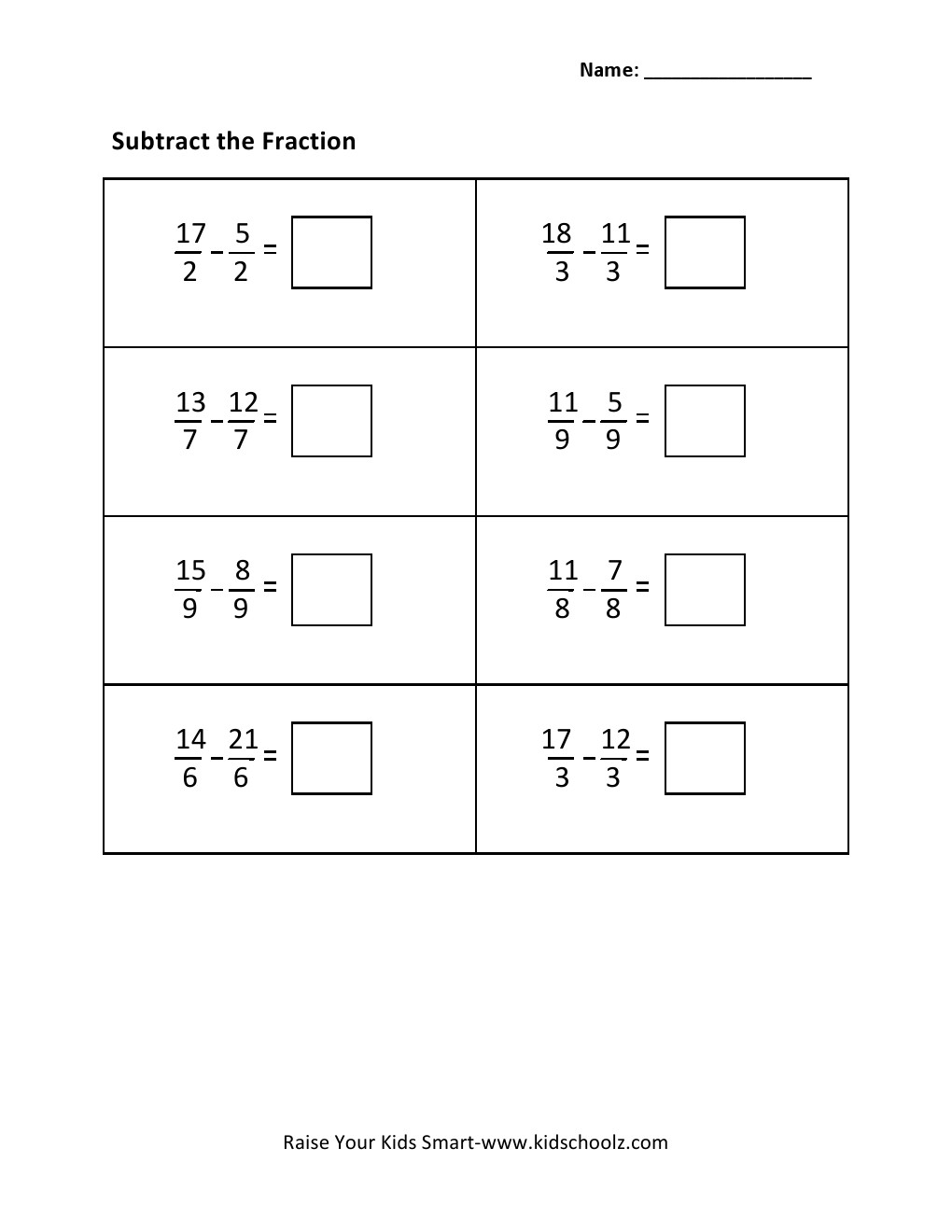 Grade 3 - Fraction Subtraction Worksheet 