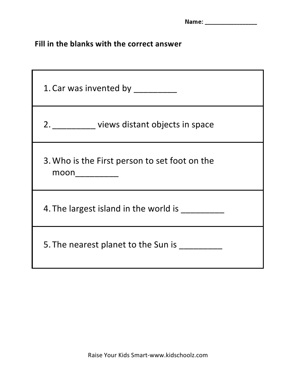 Grade 2 - General Knowledge Worksheet