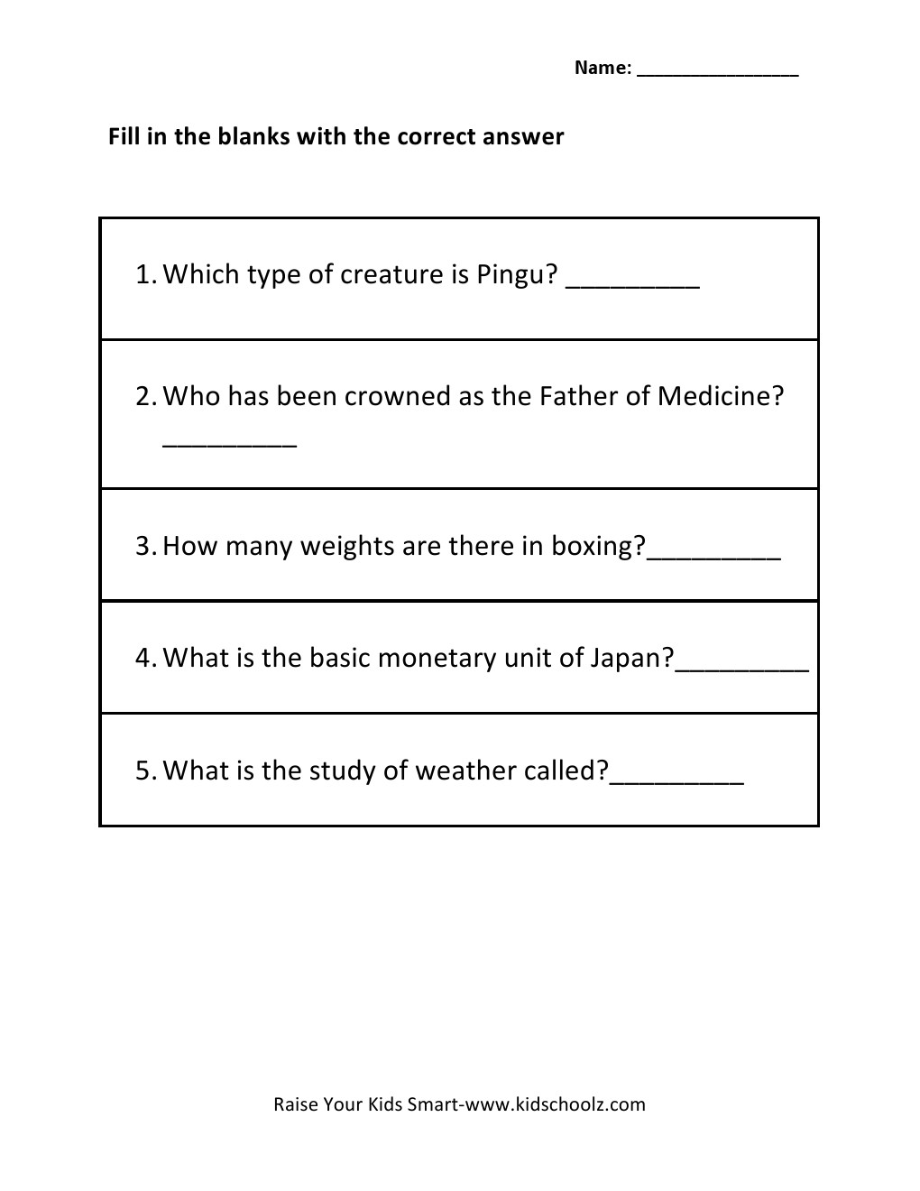 Grade 2 - General Knowledge Worksheet