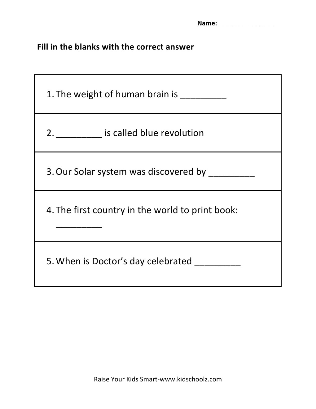 Grade 2 - General Knowledge Worksheet
