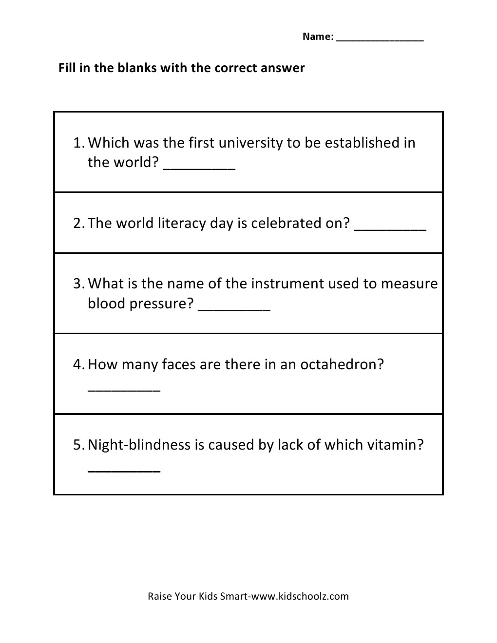 Grade 3 - General Knowledge Worksheet