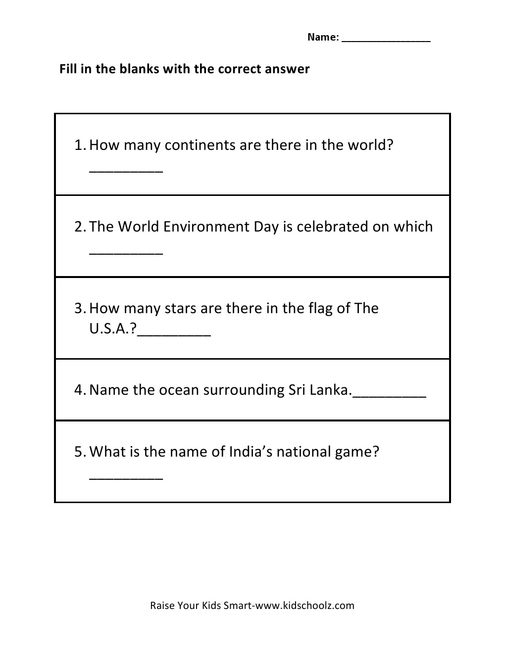 Grade 3 - General Knowledge Worksheet