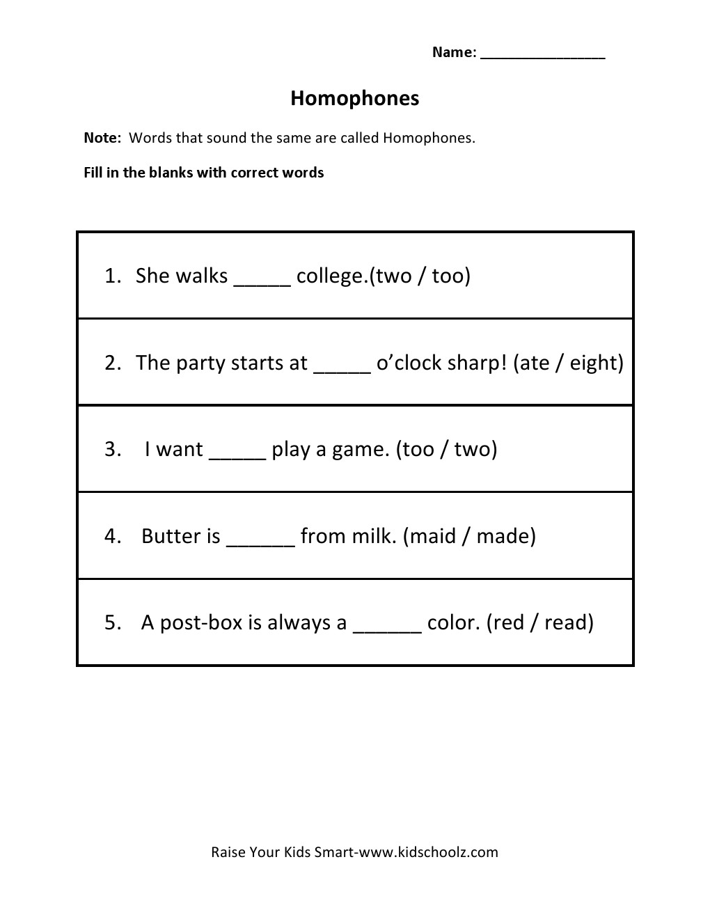 Grade 3 - Homophones Worksheet