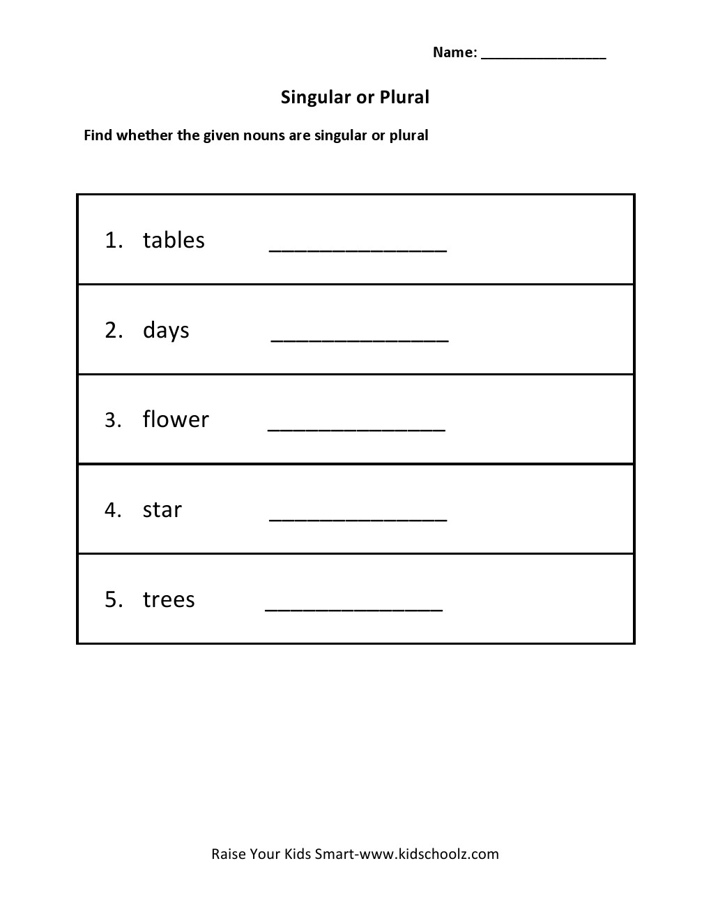 Grade 3 - Singular & Plural Worksheet
