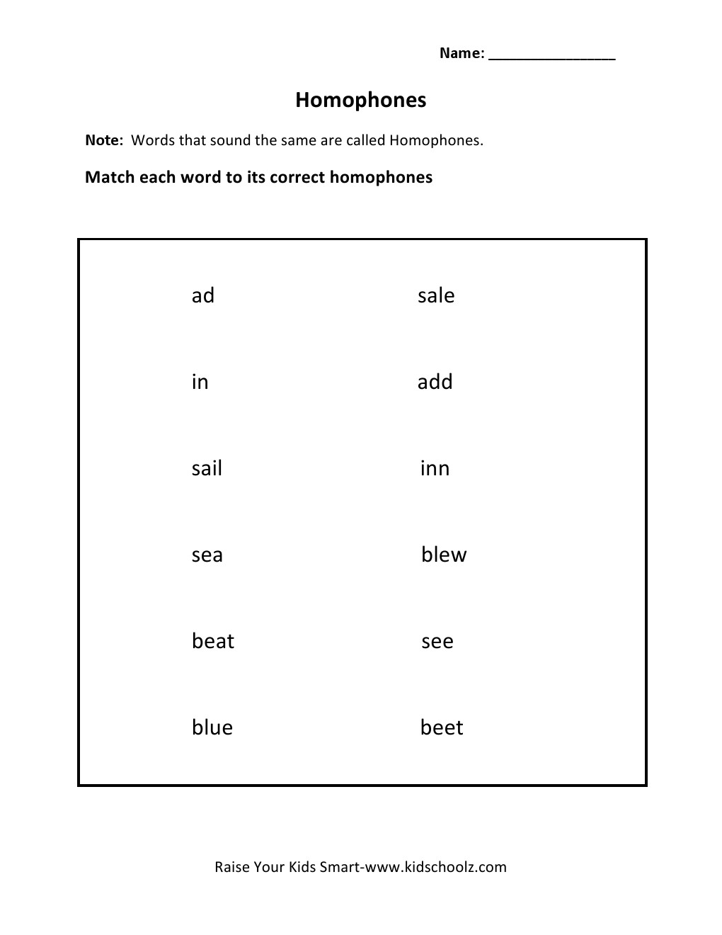 Grade 2 - Homophones Worksheet