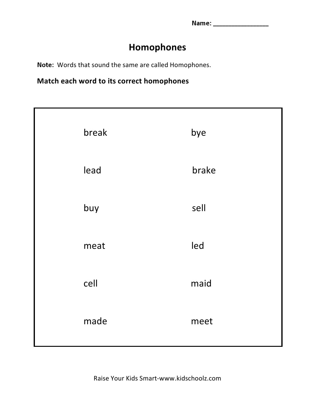 Grade 2 - Homophones Worksheet