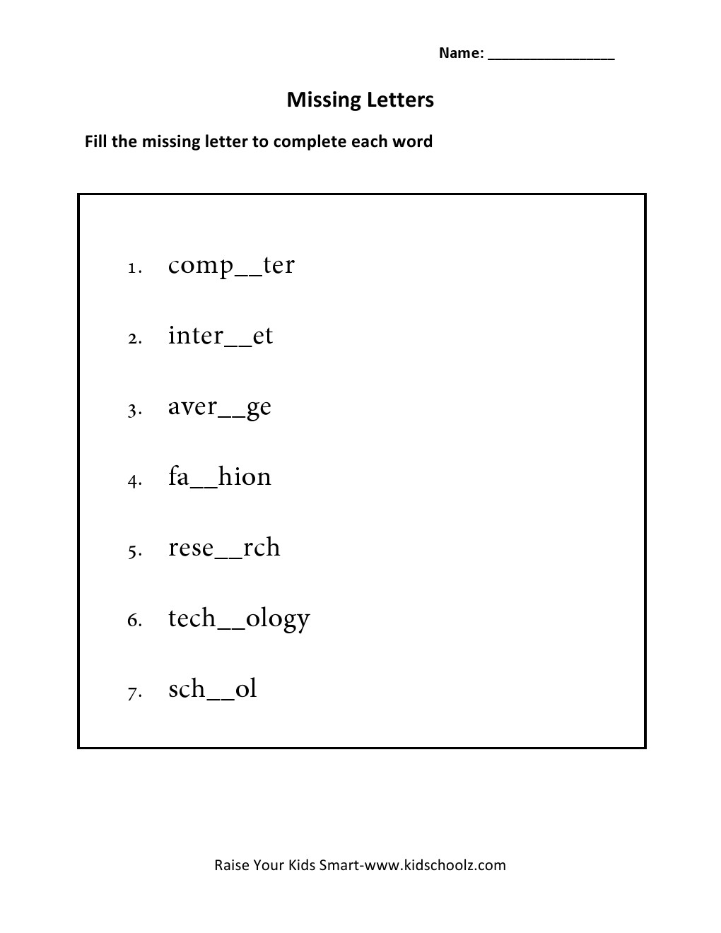 Grade 4 - Missing Letters Worksheet