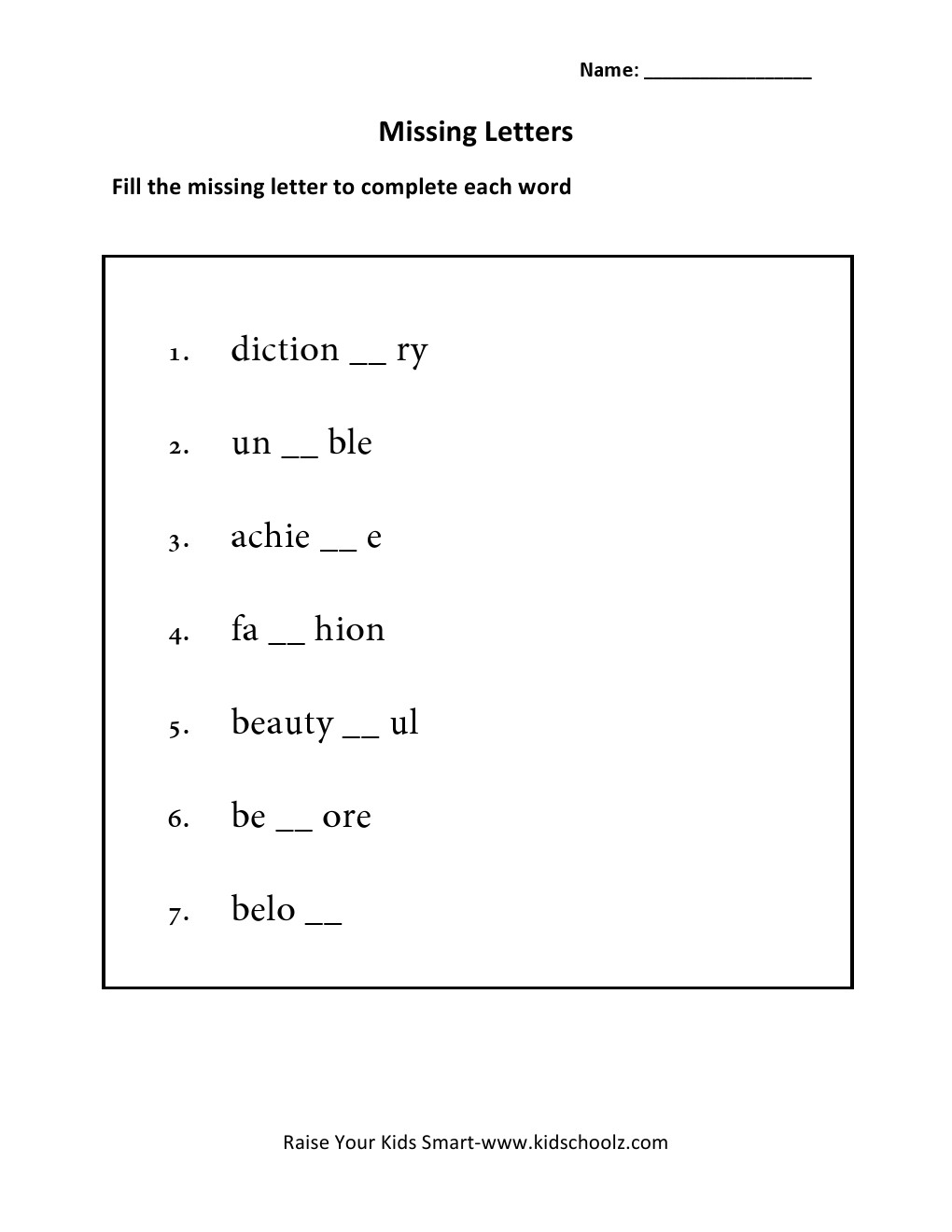 Grade 4 - Missing Letters Worksheet