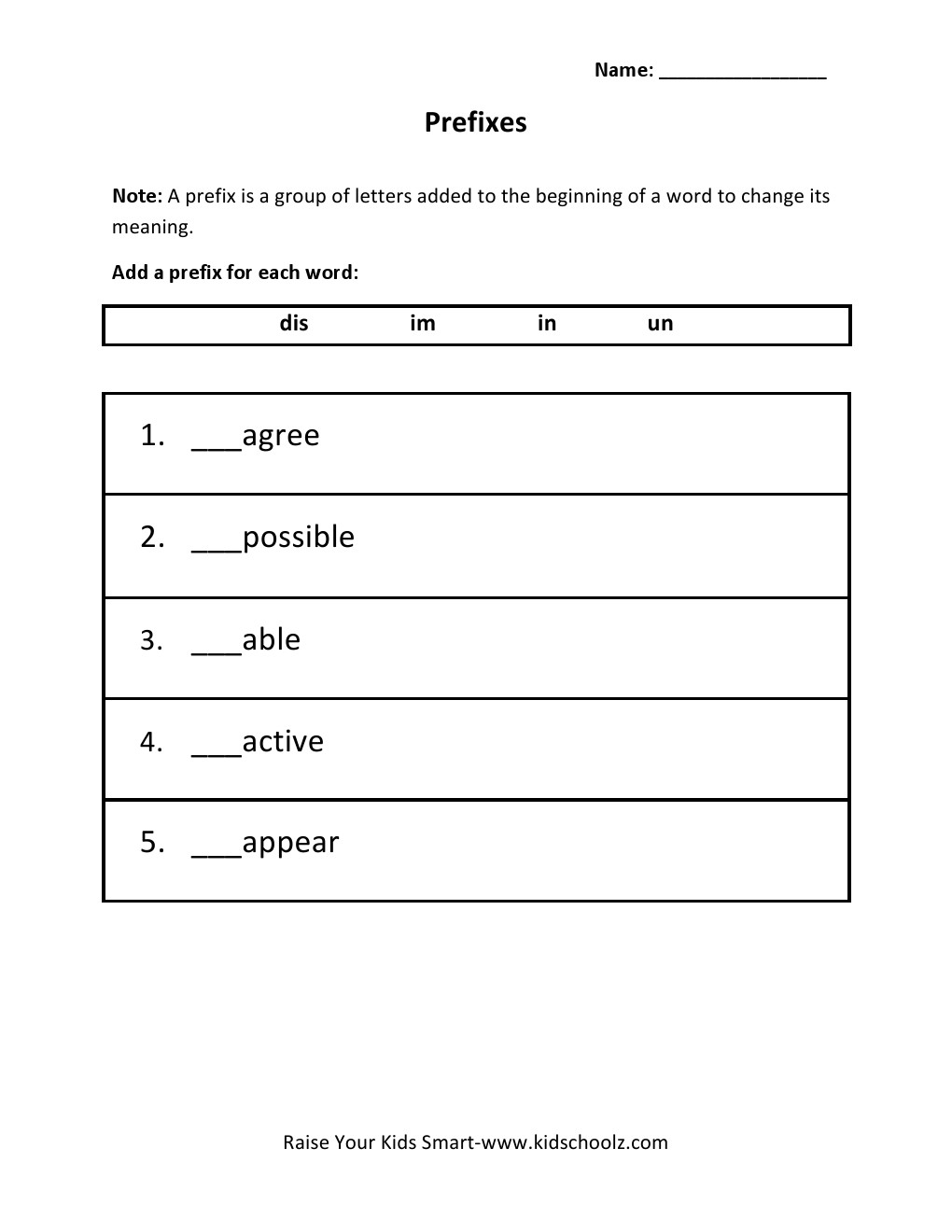 Grade 2 - Prefix Worksheet