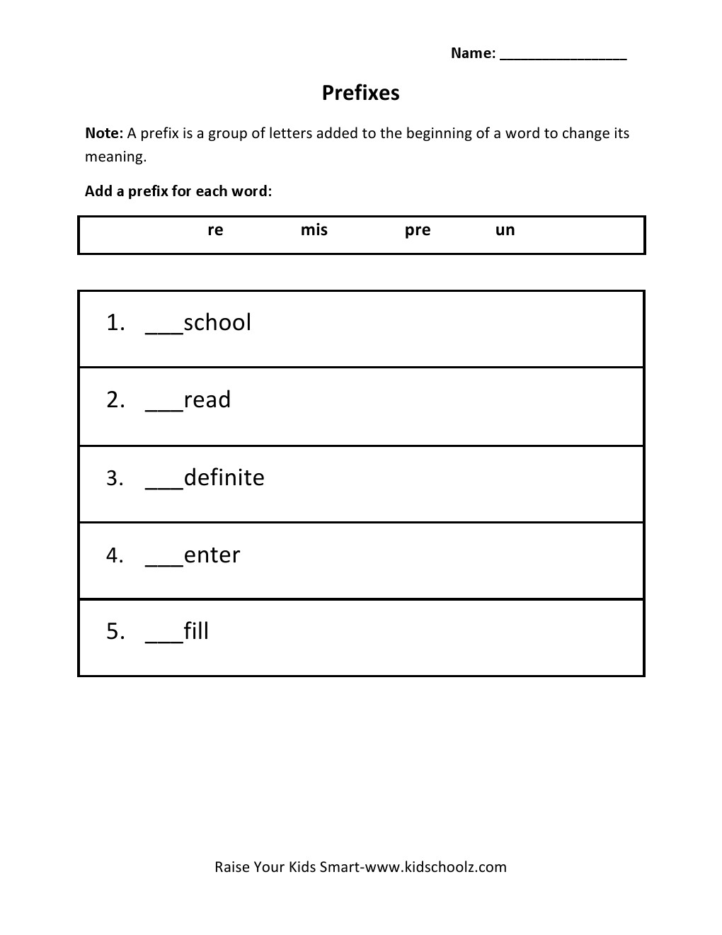 Grade 2 - Prefix Worksheet