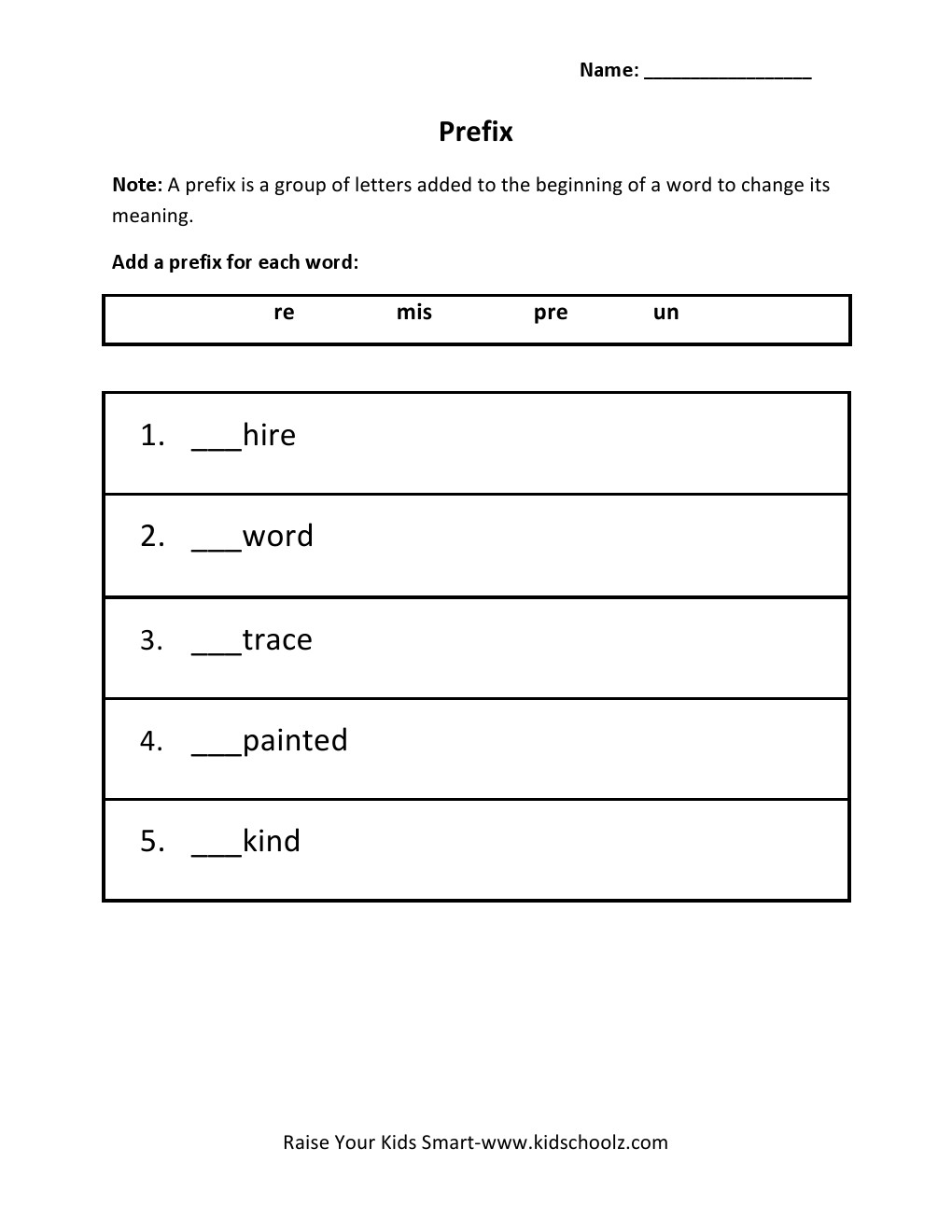 Grade 3 - Prefix Worksheet