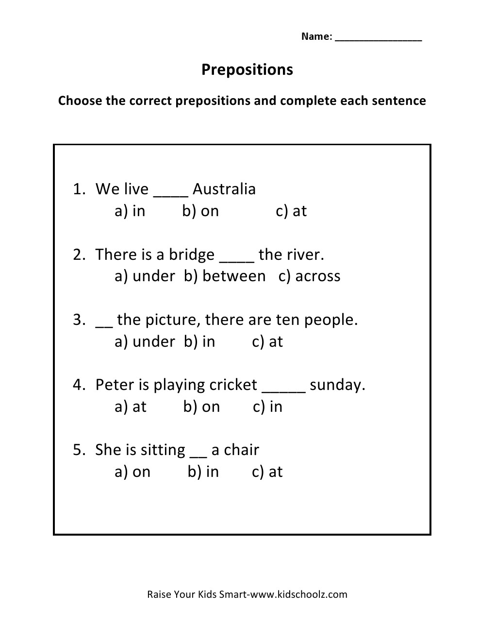 Grade 3 - Prepositions Worksheet
