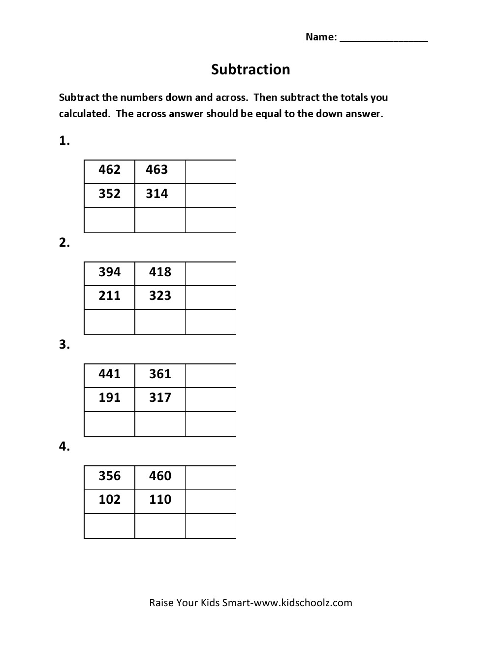 Grade 3 - Subtraction Worksheet