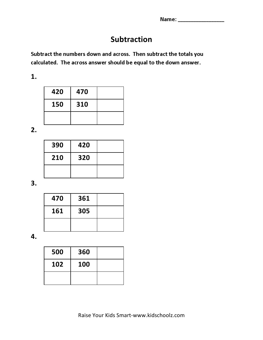 Grade 3 - Subtraction Worksheet