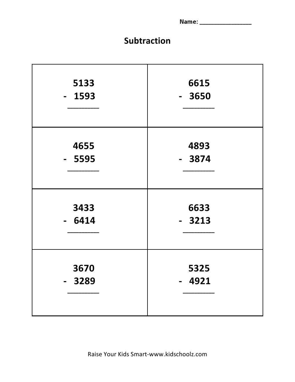 Grade 3 - Subtraction Worksheet