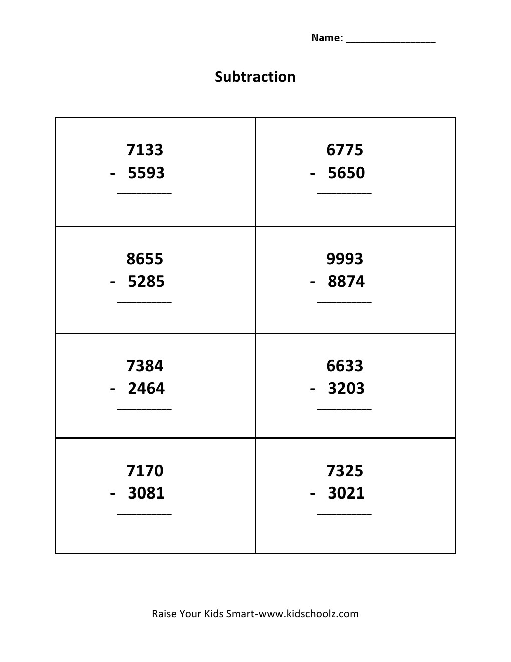 Grade 3 - Subtraction Worksheet
