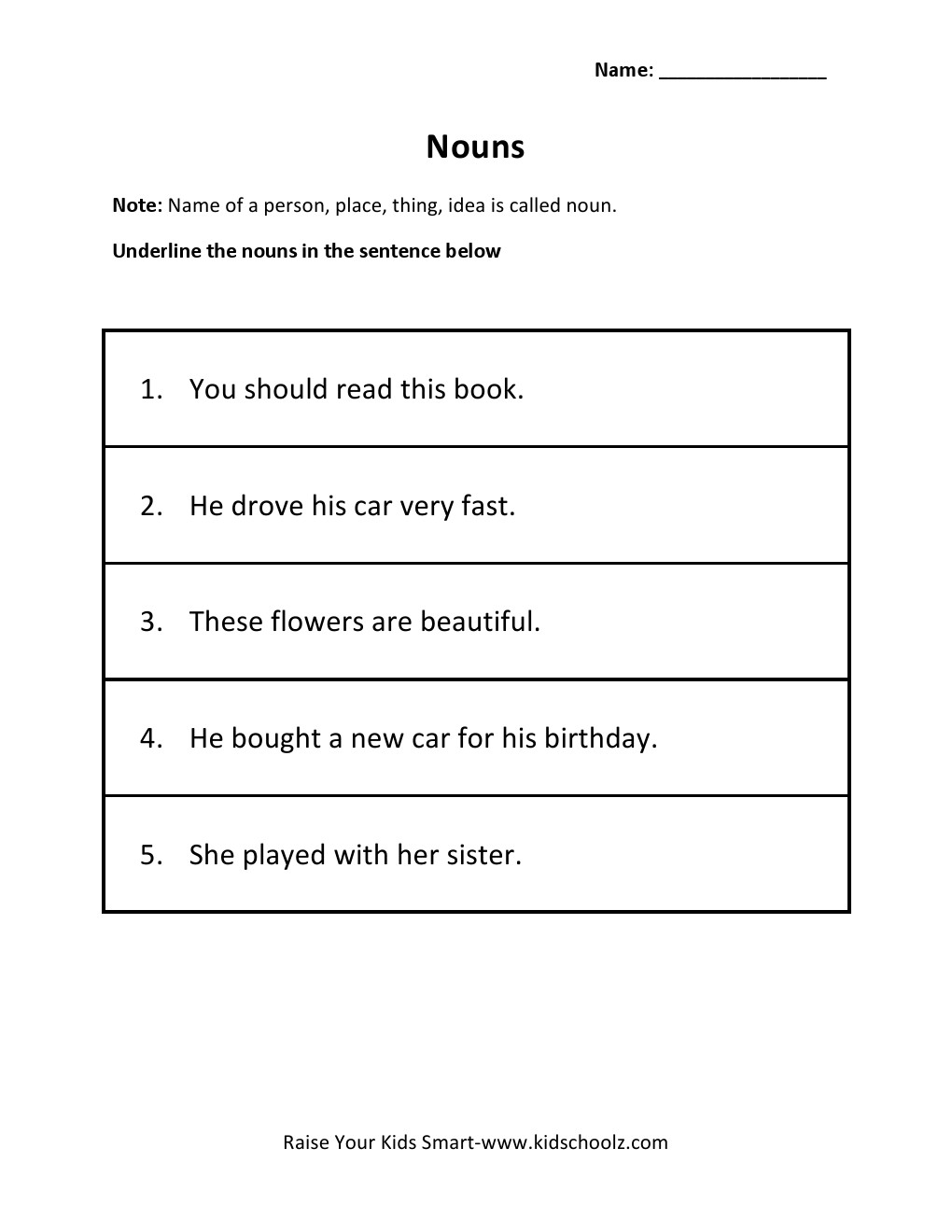 Grade 2 - Nouns Worksheet