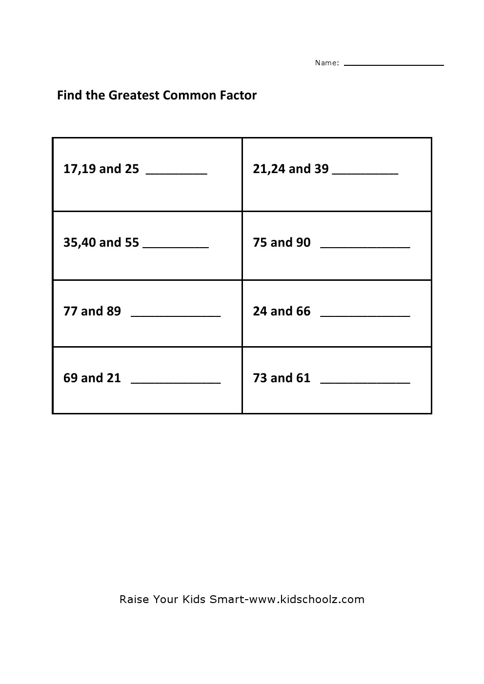 Grade 4 - Greatest Common Factor Worksheet