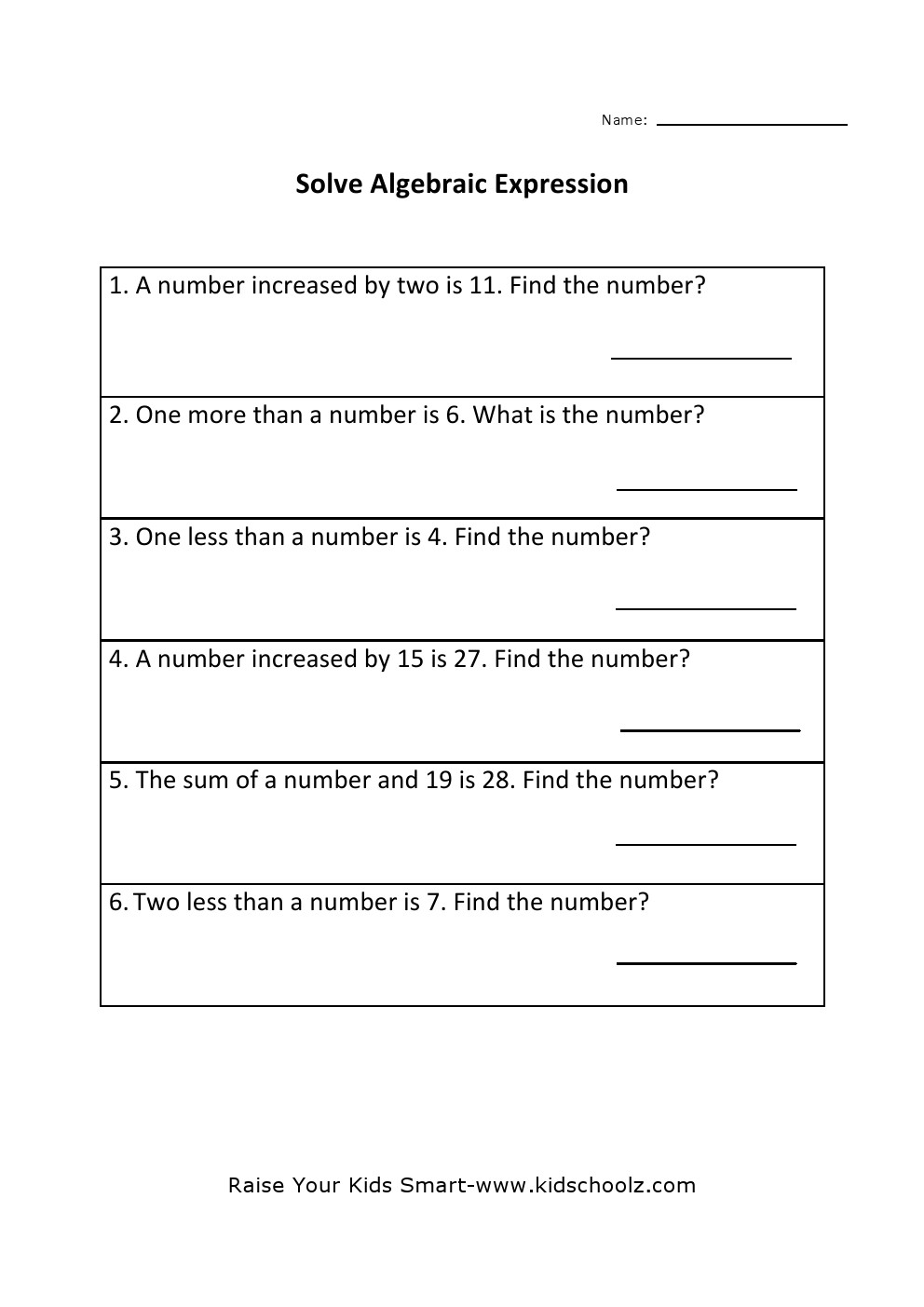 Grade 4 - Algebraic Expressions Worksheet