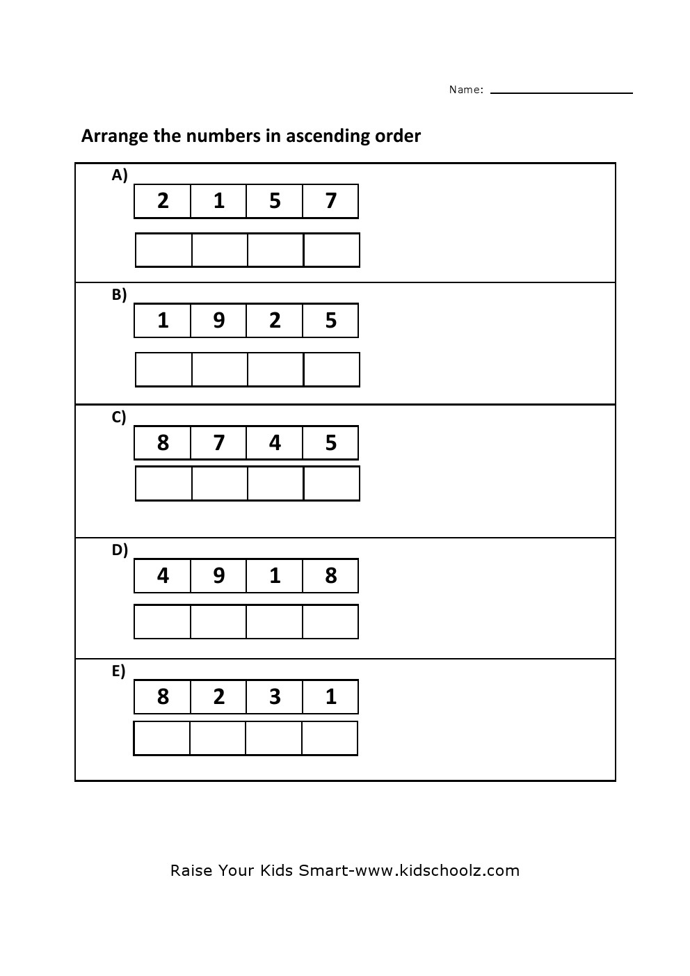 Grade 4 - Ascending Order Worksheet