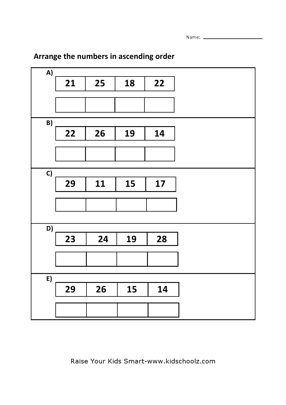 Grade 4 - Ascending Order Worksheet