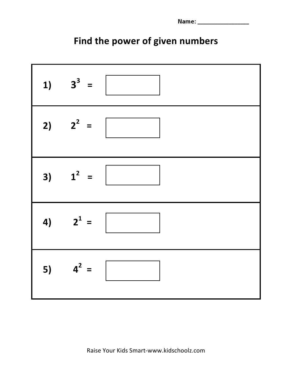 Grade 4 - Exponents Worksheet
