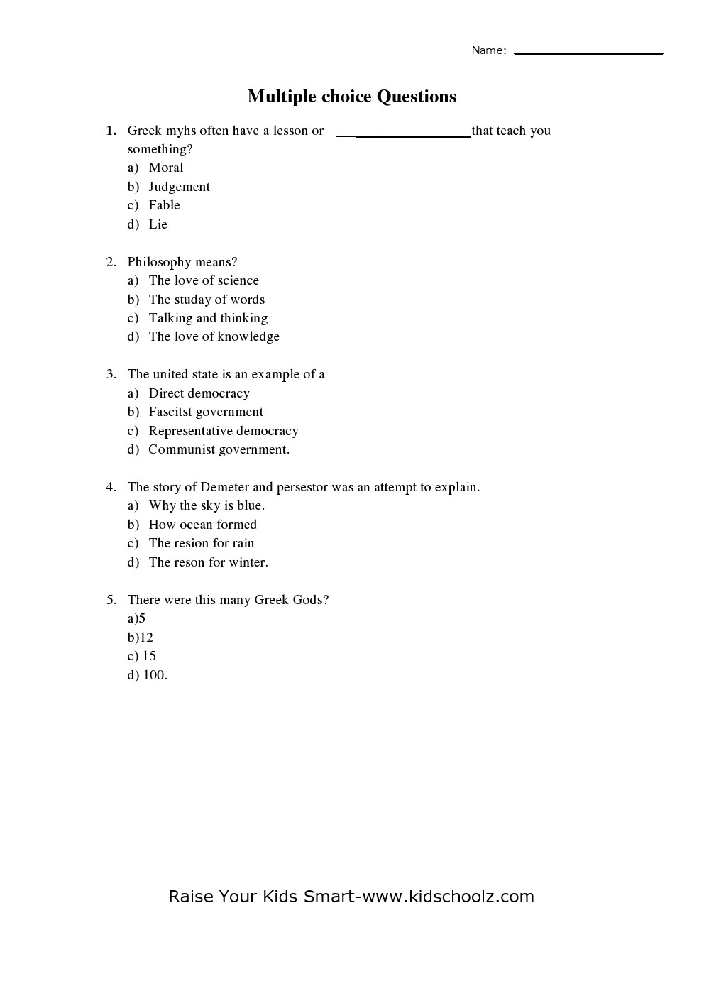 Grade 4 - Social Question and Answers Worksheet